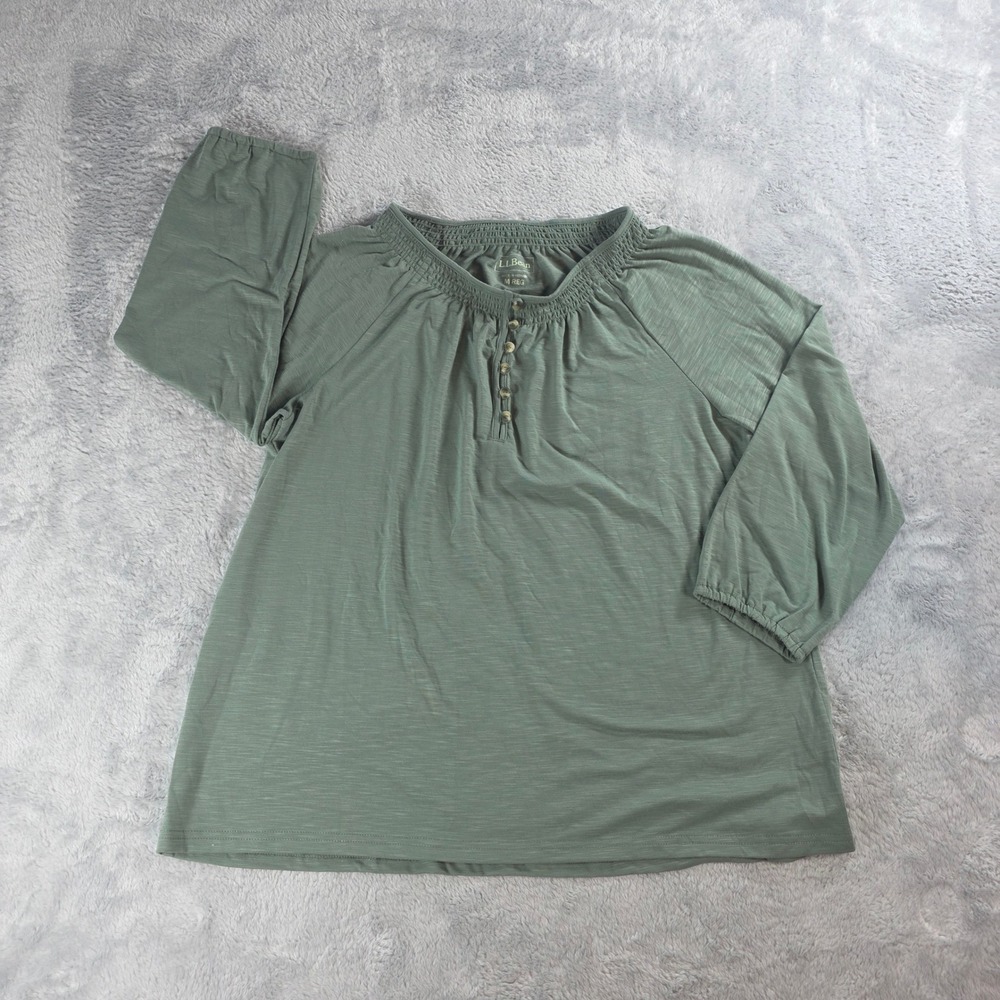 L.L.Bean Women M Green Henley Top Smocked Neck 3/4 Sleeve